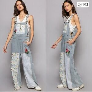 NEW POL Women's Floral Embroidered Denim Overalls